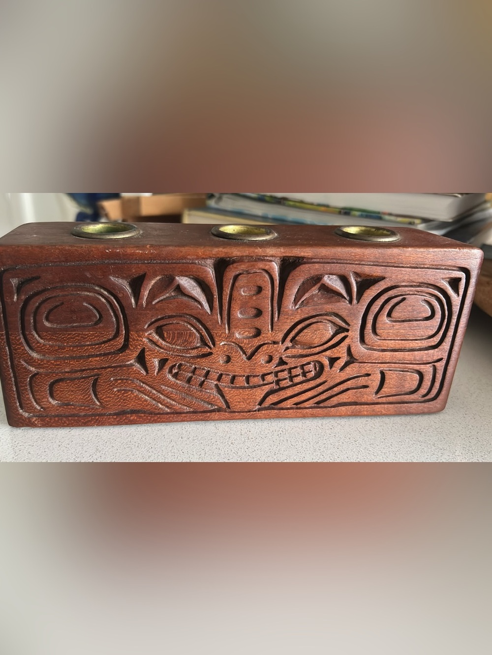 Hand-Carved Wood PNW Native American design Triple Candle Holder